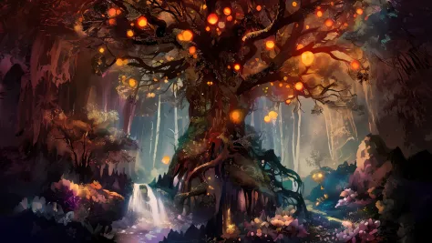 There is a tree with many lights hanging in the forest, enchanted magical fantasy forest, enchanted and magic forest, magic fantasy forest, floresta de fantasia, paisagem de floresta de fantasia, floresta de conto de fadas, fantasy tree, Backround Magic Fo...