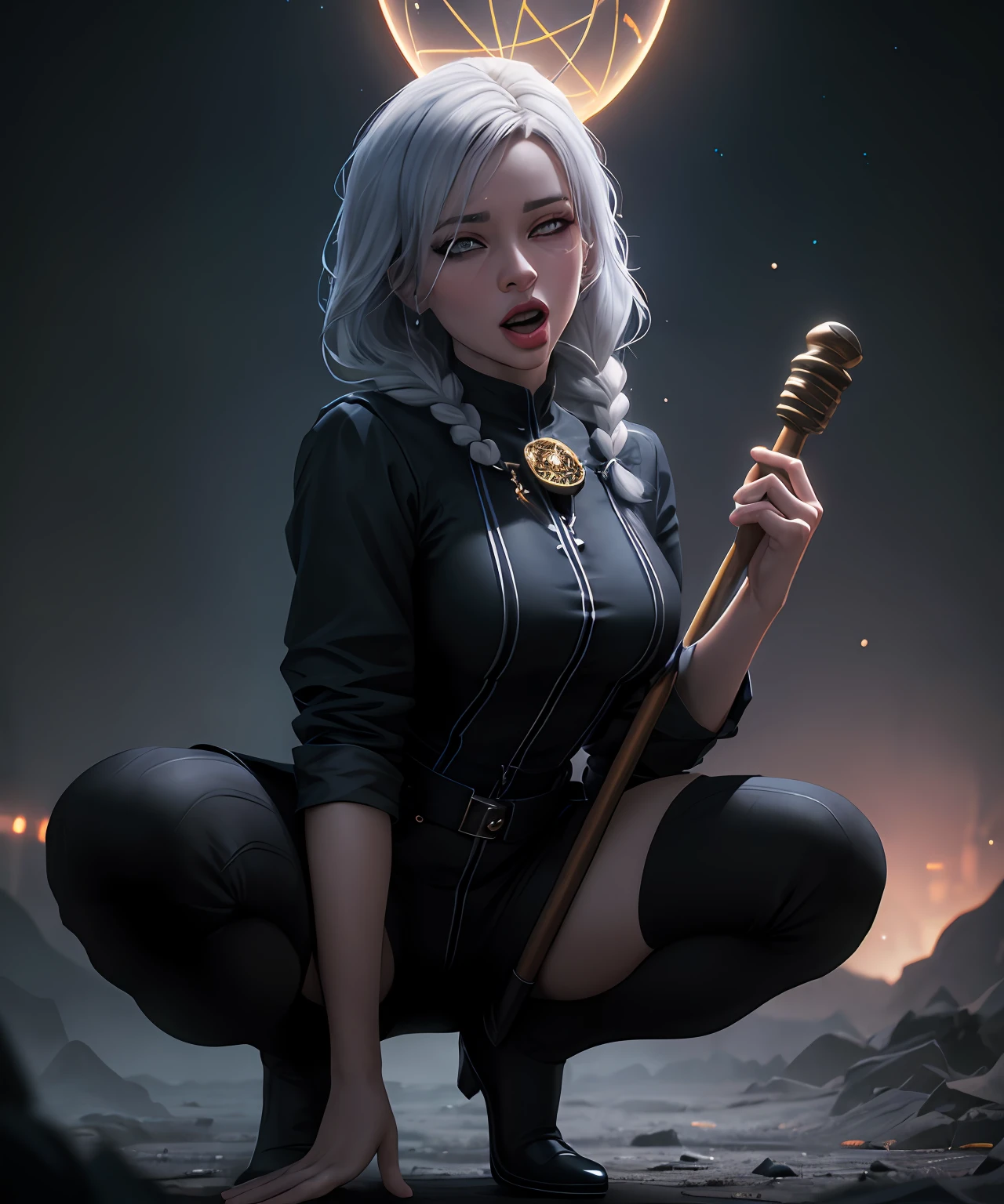 fantasy setting, sharp focus, high quality photo of beautiful nordic mature woman,magician , wearing black clothes with silver tracery, white single braid hair, confident look, rising ((magic staff with shining sphere atop)), glowing runes flying around, jewelry, detailed eyes, low body-fat, cinematic lighting, highly detailed, (matching eyes:1.2), fully body photo, epic pose, night sky background, art by charlie bowater, (Extremely Detailed Oil Painting:1.2), glow effects, godrays, Hand drawn, render, 8k, octane render, cinema 4d, blender, dark, atmospheric 4k ultra detailed, cinematic sensual, Sharp focus, humorous illustration, big depth of field, Masterpiece, colors, 3d octane render, 4k, concept art, trending on artstation, hyperrealistic, Vivid colors, extremely detailed CG unity 8k wallpaper, trending on ArtStation, trending on CGSociety, Intricate, High Detail, dramatic, (ahegao:1.5), squatting, shouting, begging for her life, shocked, trembling