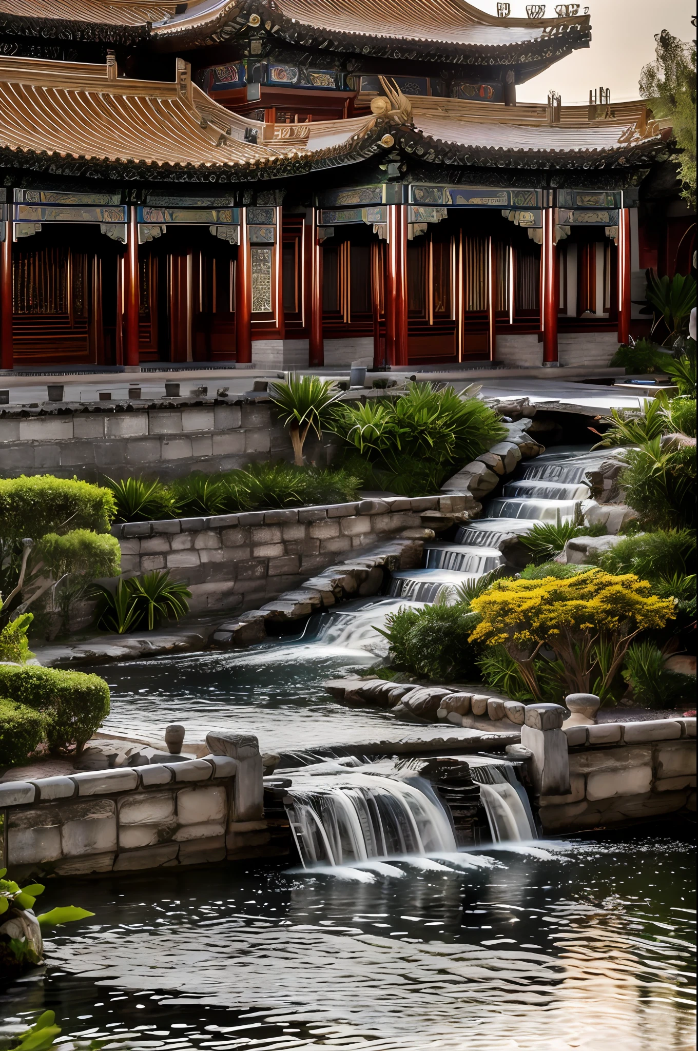 lakeside, ((waterfallr)), chinese mansion, Small rivers, Western-style garden, Decorated with flowers,detail-rich, A fusion of classic and modern, sonoko, Traditional elements, Modern design, Waterfront, luxury goods, Gorgeous, Pavilions, courtyard, Traditional Chinese roof, Modern interior decoration, Garden landscape, Original photos, wide lens shot, high resolution, hdr, Exquisite, k hd, 8K, Masterpieces, Artistry, magnifica, meticulous craftsmanship, Modern facilities, Seamless integration, Harmonious atmosphere, everlasting,Picturesque, (8K, RAW photo, Best quality, Masterpiece :1.2), (Realistic, photograph realistic :1.3)