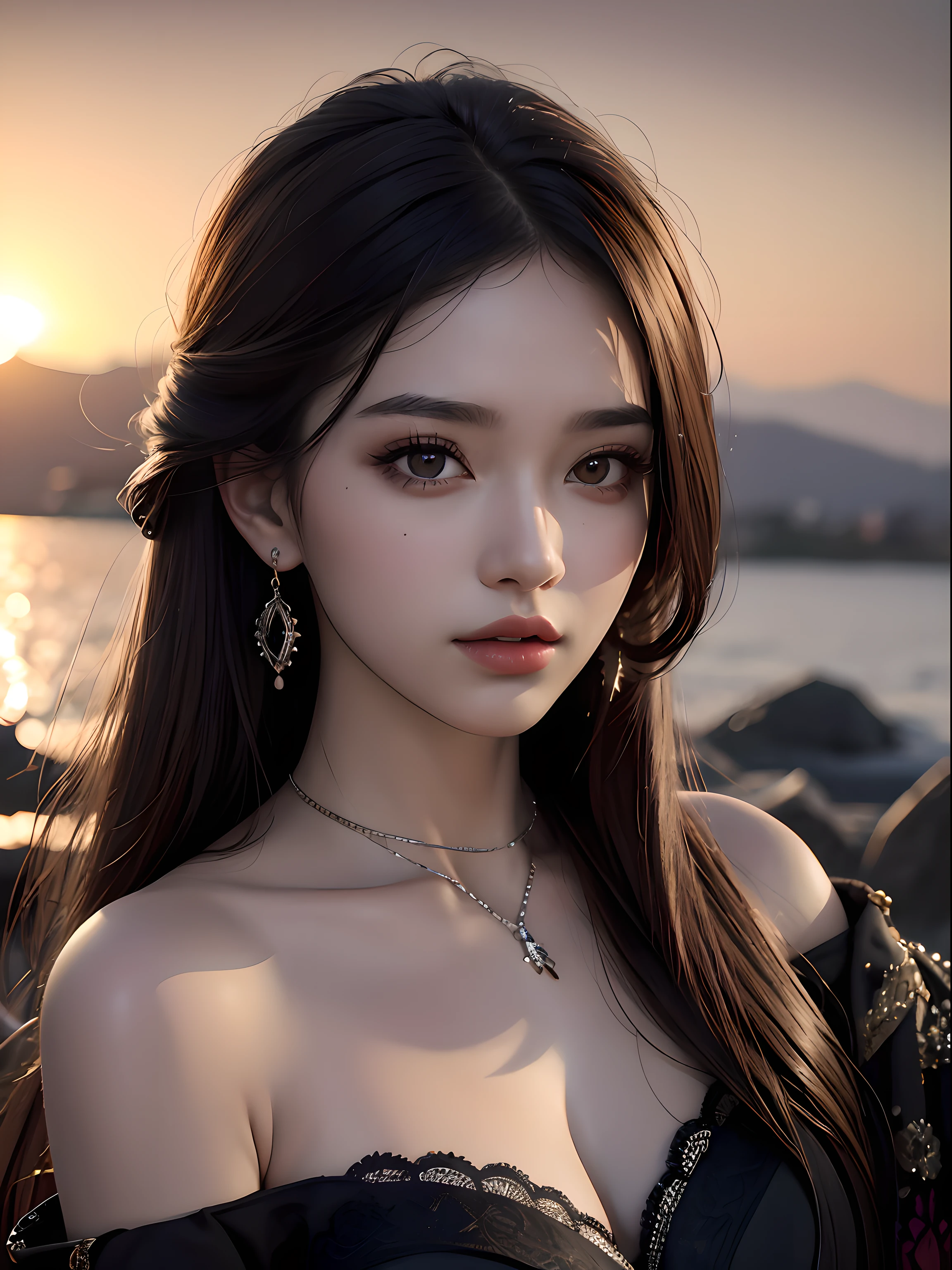 Best quality, masterpiece, ultra high res, (photorealistic:1), 1girl, offshoulder, deep shadow, detailed face, detailed eyes, shiny skin, sunset