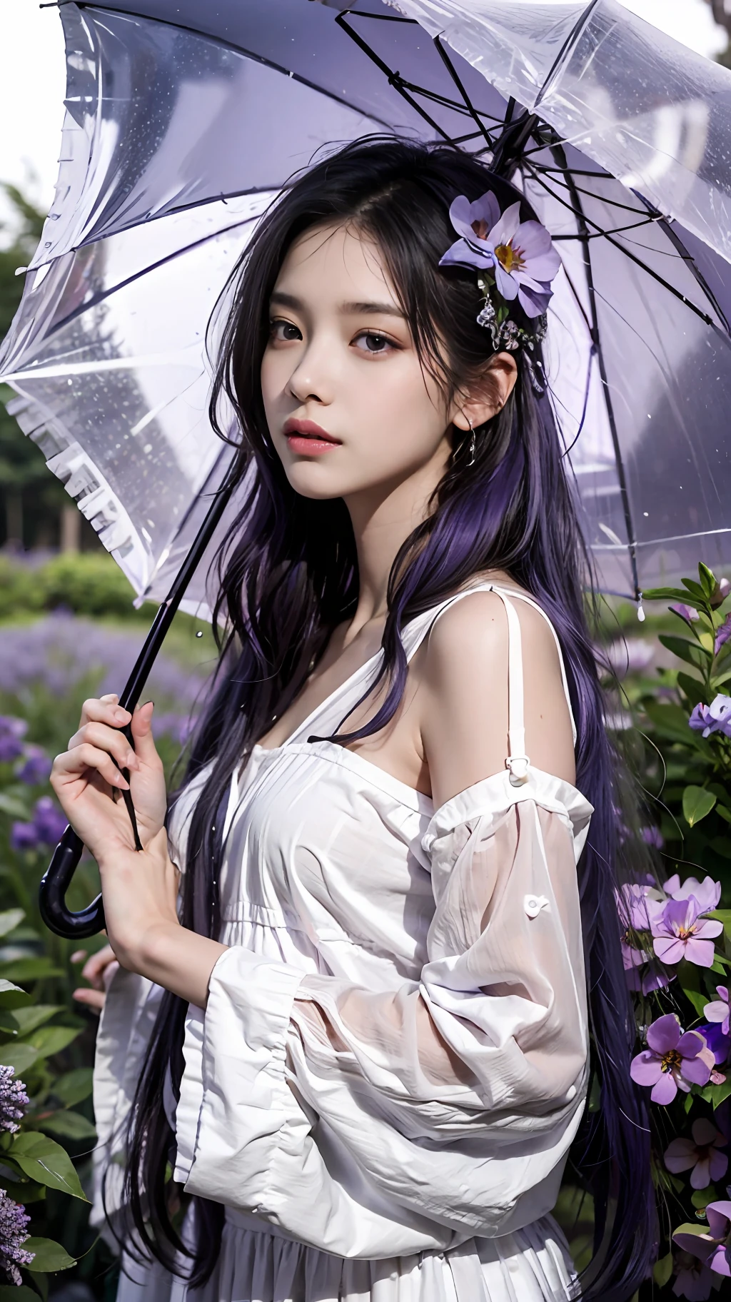 Sea of violet flowers,，White clothes and purple edges，Long lavender hair，Circle，long light purple hair,holding a umbrella，Kizi，in a panoramic view,s the perfect face