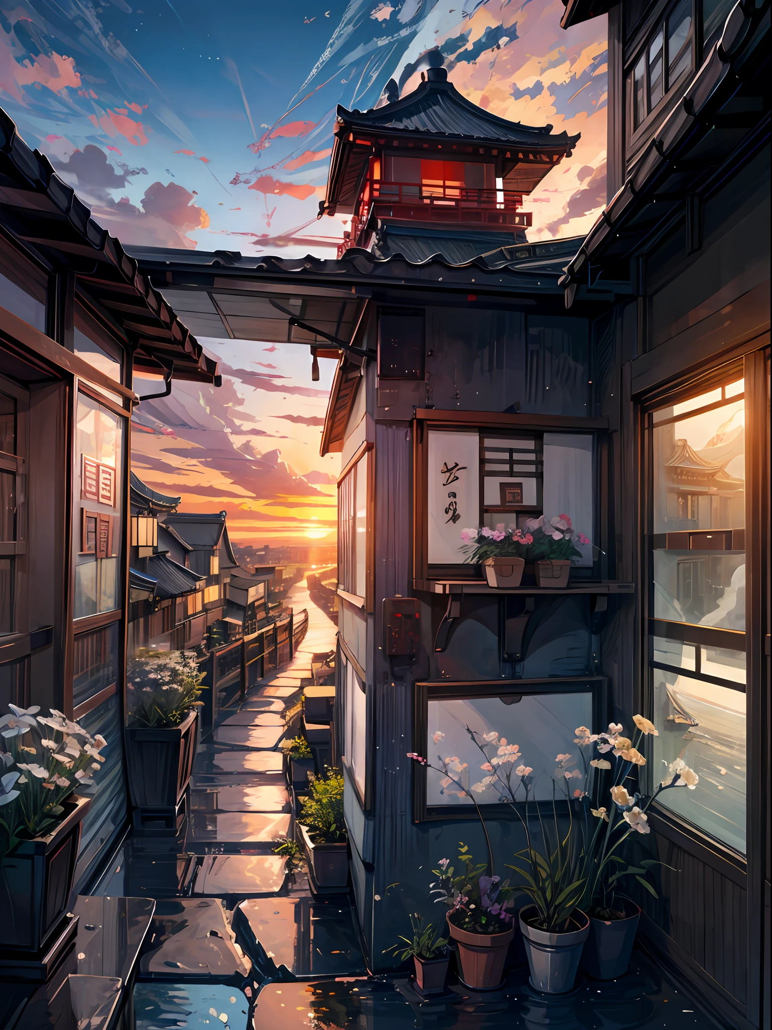 Ancient china, city, shrine, waterfall, shrine middle of city,flower, mesmerizing view, ancient houses, digital painting, waterfall,many people,sunset, window, clouds, concept art , illustration