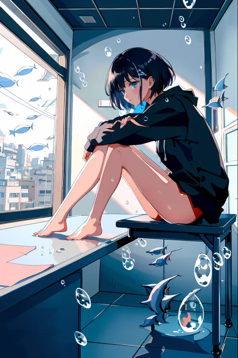 linear art, 
1girl in, Solo, Short hair, Black hair, Long sleeves, Sitting, Barefoot, Indoors, hoods, Bare legs, phone, The table, knees up, desk work, Fish, Bubble, under the water, Air bubble,