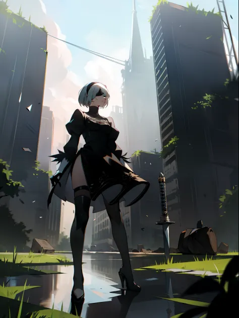 masterpiece, best quality, detailed face, extremely detailed, yorha no. 2 type b, 1girl, solo, absurdres, 8k, black blindfold, b...