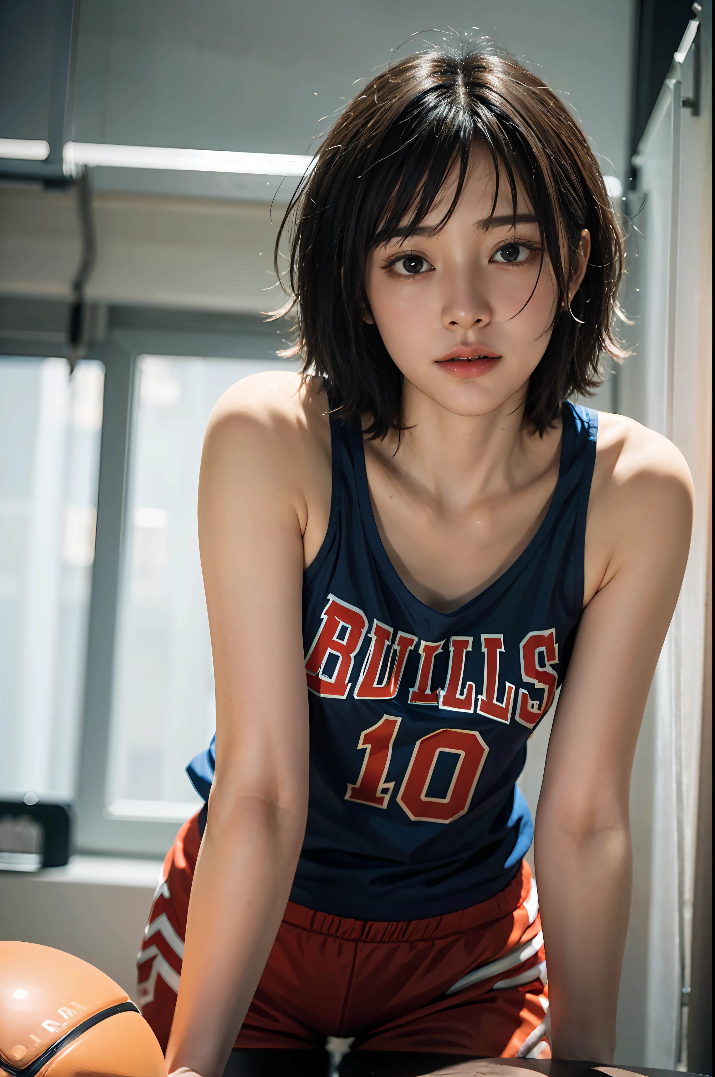 Manga Haruko Akagi，Lie flat on the indoor basketball court，Wear a white and red NBA Bulls basketball shirt，（8K，best qualtiy，tmasterpiece：1.2），（realisticlying，realisticlying：1.37），ultra - detailed，best qualtiy，Ultra-high resolution，profesional lighting，photon maping，Radio City，physically-based renderingt，cinmatic lighting，basketball playground,depth of fields,Clear focus,rays of sunshine,well-composed,(bokeh:1.2) 1girll,独奏,(full bodyesbian),(Keep your mouth shut),Beautiful and delicate eyes,lewd poses,a narrow waist,basketball suit,brunette color hair,messy  hair,Short，(ulzzang-6500:1.2) mix4, hiqcgbody