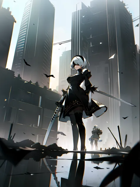 masterpiece, best quality, detailed face, extremely detailed, yorha no. 2 type b, 1girl, solo, absurdres, 8k, black blindfold, b...