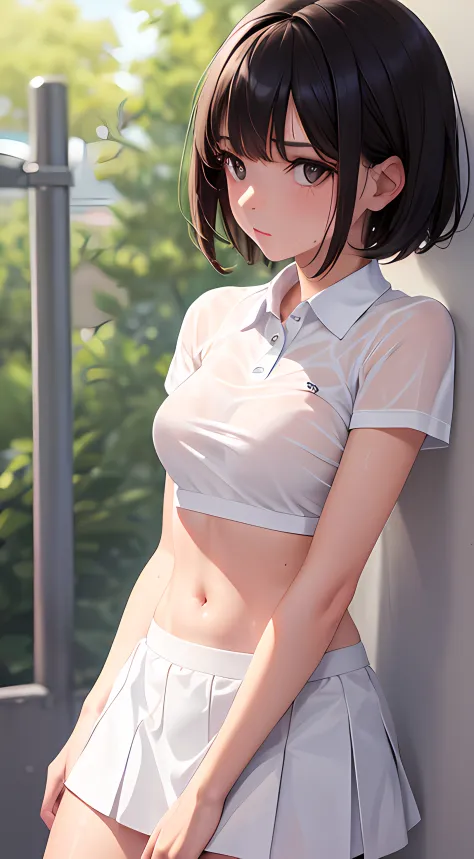 1girl, solo, white polo shirt, white sneakers, tennis wear, white miniskirt, masterpiece, best quality, realistic, hyper-detailed, (shiny skin, sweaty:1.4), absurd, looking at viewer, short black hair, brown eyes, slender, dynamic lighting, high resolution...