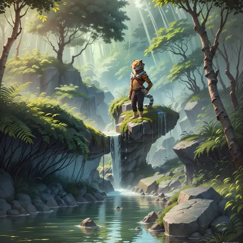 "(create a realistic 4k digital illustration of a tiger-like humanoid female character in a jungle setting). (the character must...