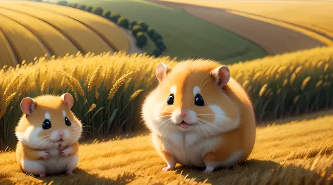 hamster，happy with life，Golden wheat fields，Work together，in style of hayao miyazaki