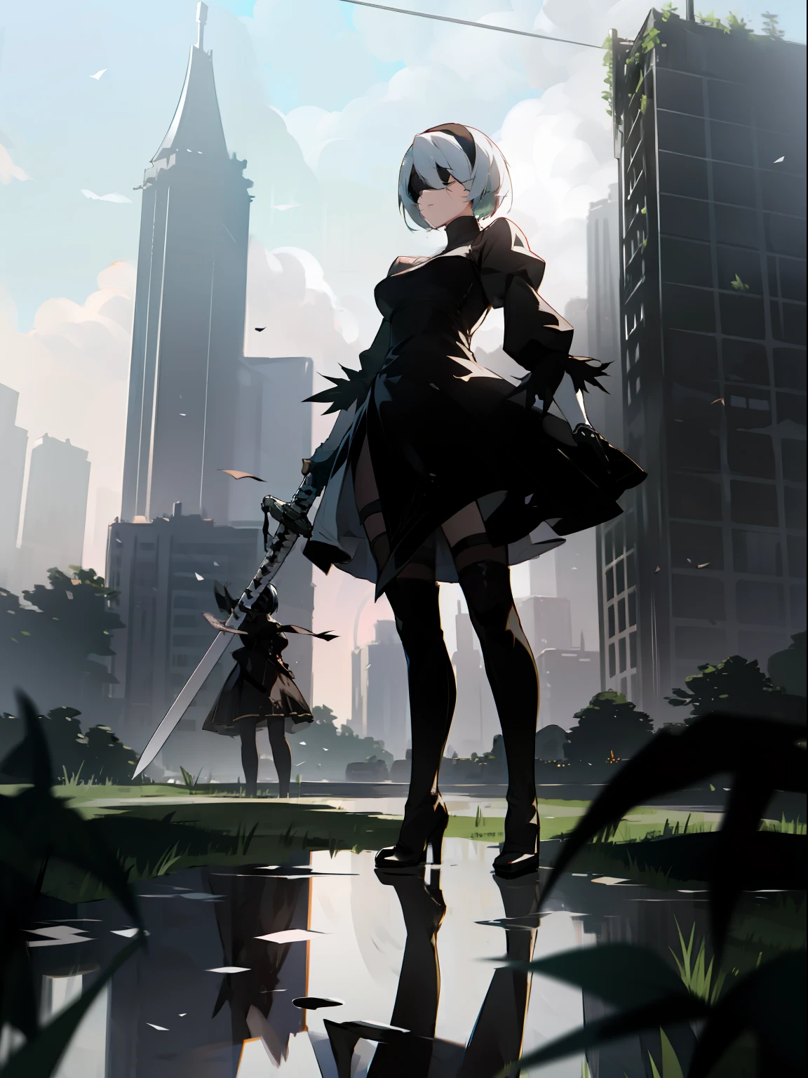 masterpiece, best quality, detailed face, extremely detailed, yorha no. 2 type b, 1girl, solo, absurdres, 8k, black blindfold, black dress, black hairband, blindfold, eye highlights blue sky, boots, building, city, cloud, covered eyes, debris, dress, feather-trimmed sleeves, feather trim, from below, gloves, grass, hairband, high heel boots, high heels, highres, juliet sleeves, katana, leather, leather boots, long sleeves, nier \(series\), nier automata, outdoors, overgrown, pod \(nier automata\), post-apocalypse, puddle, puffy sleeves, rubble, ruins, scenery, sky, thigh boots, thighhighs, thighhighs under boots, water