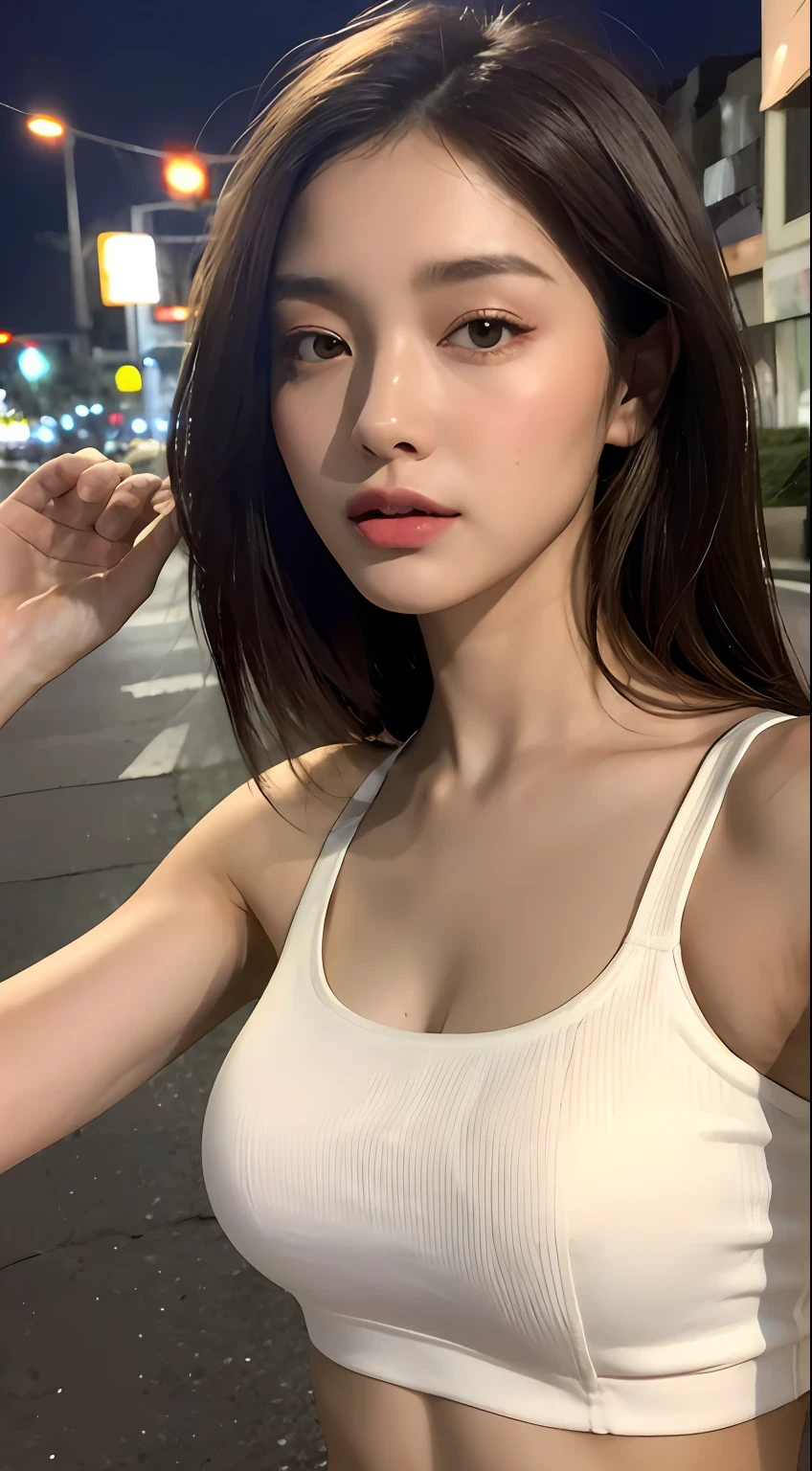 ((Realistic lighting, Best quality, 8K, Masterpiece: 1.3)), Clear focus: 1.2, 1girl, Perfect Figure: 1.4, Slim Abs: 1.1, ((Dark brown hair)), (White crop top: 1.4), (Outdoor, Night: 1.1), City streets, Super fine face, Fine eyes, Double eyelids,