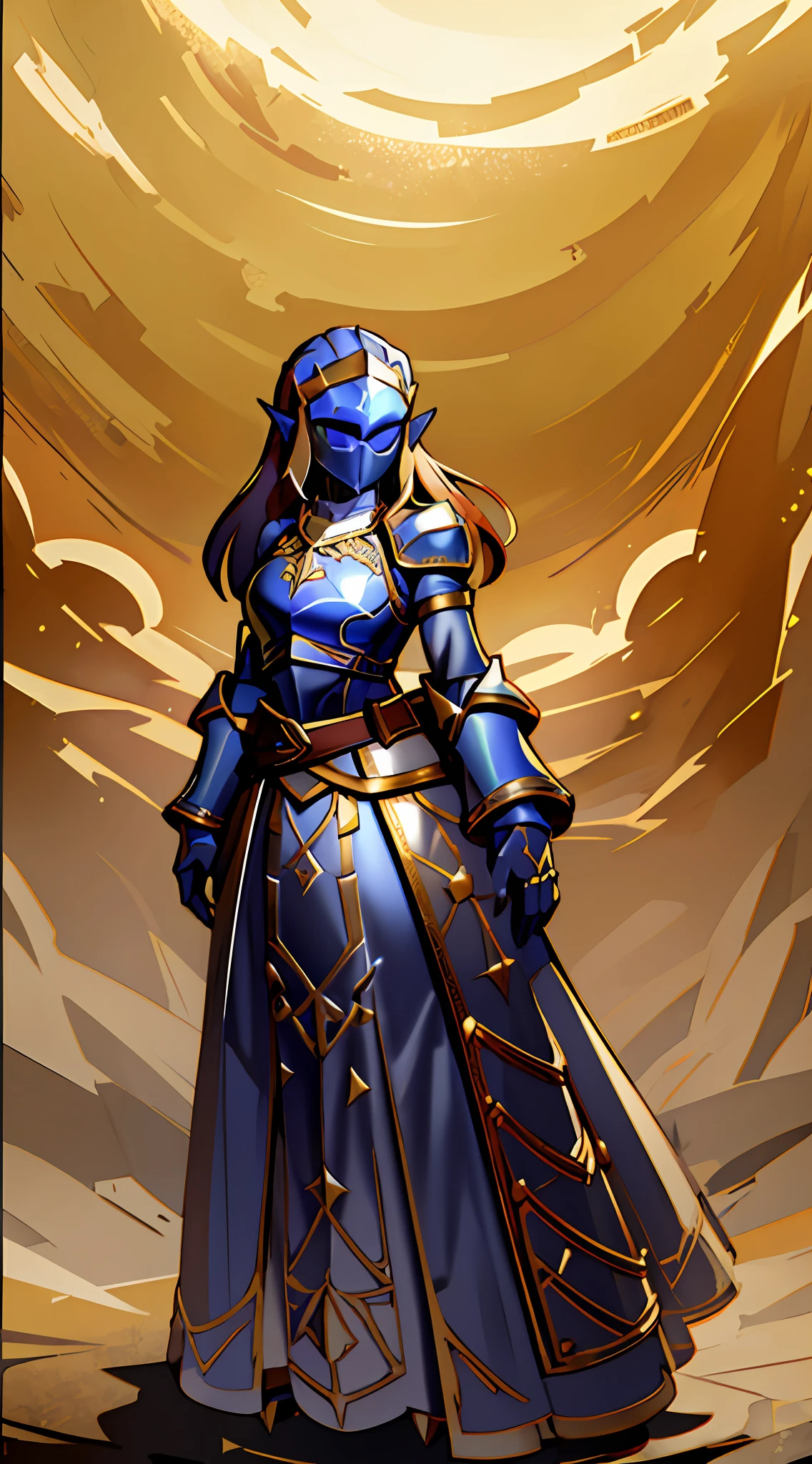 Botw Zelda wearing Heavy knight armor, Botw Themed Knight armor, Royal blue and gold armor, thick armor plating, Gold accents with brown straps, brown belt with gold accents, Heavy Blue armor, Armored dress, Large knight armor, form-fitting knight armor, helmetless, helmet held in arm, wearing princess tiara