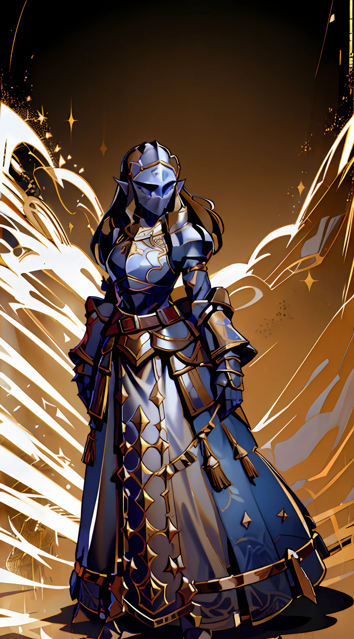 Botw Zelda wearing Heavy knight armor, Botw Themed Knight armor, Royal blue and gold armor, thick armor plating, Gold accents with brown straps, brown belt with gold accents, Heavy Blue armor, Armored dress, Large knight armor, form-fitting knight armor