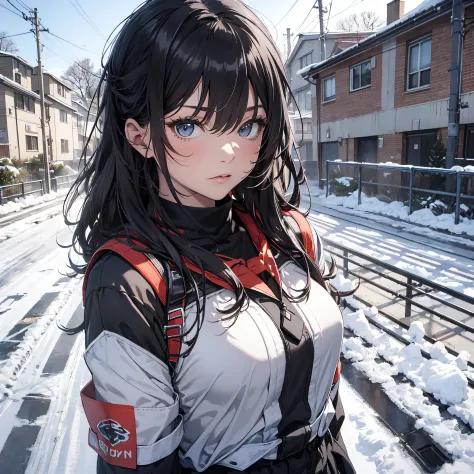Ridiculous resolution，A high resolution，（tmasterpiece：1.4），hyper-detailing，On the course track，are standing，nevando，snowfield，A black-haired young woman dressed in a school costume，aggrieved look