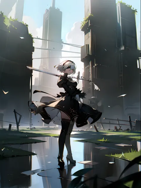 masterpiece, best quality, detailed face, extremely detailed, yorha no. 2 type b, 1girl, solo, absurdres, 8k, White hair, silver...