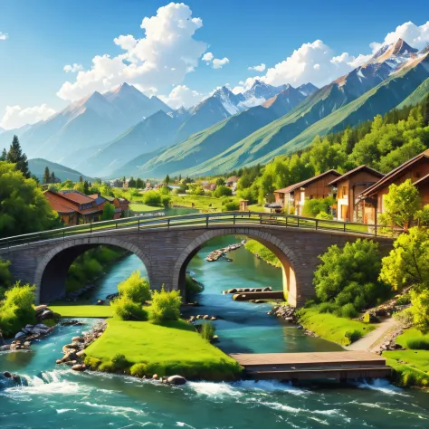 Draw a small city，Surrounded by distant mountains，small bridge flowing water，Willows flutter --auto