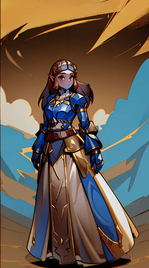 Botw Zelda wearing Heavy knight armor, Botw Themed Knight armor, Royal blue and gold armor, thick armor plating, Gold accents wi...