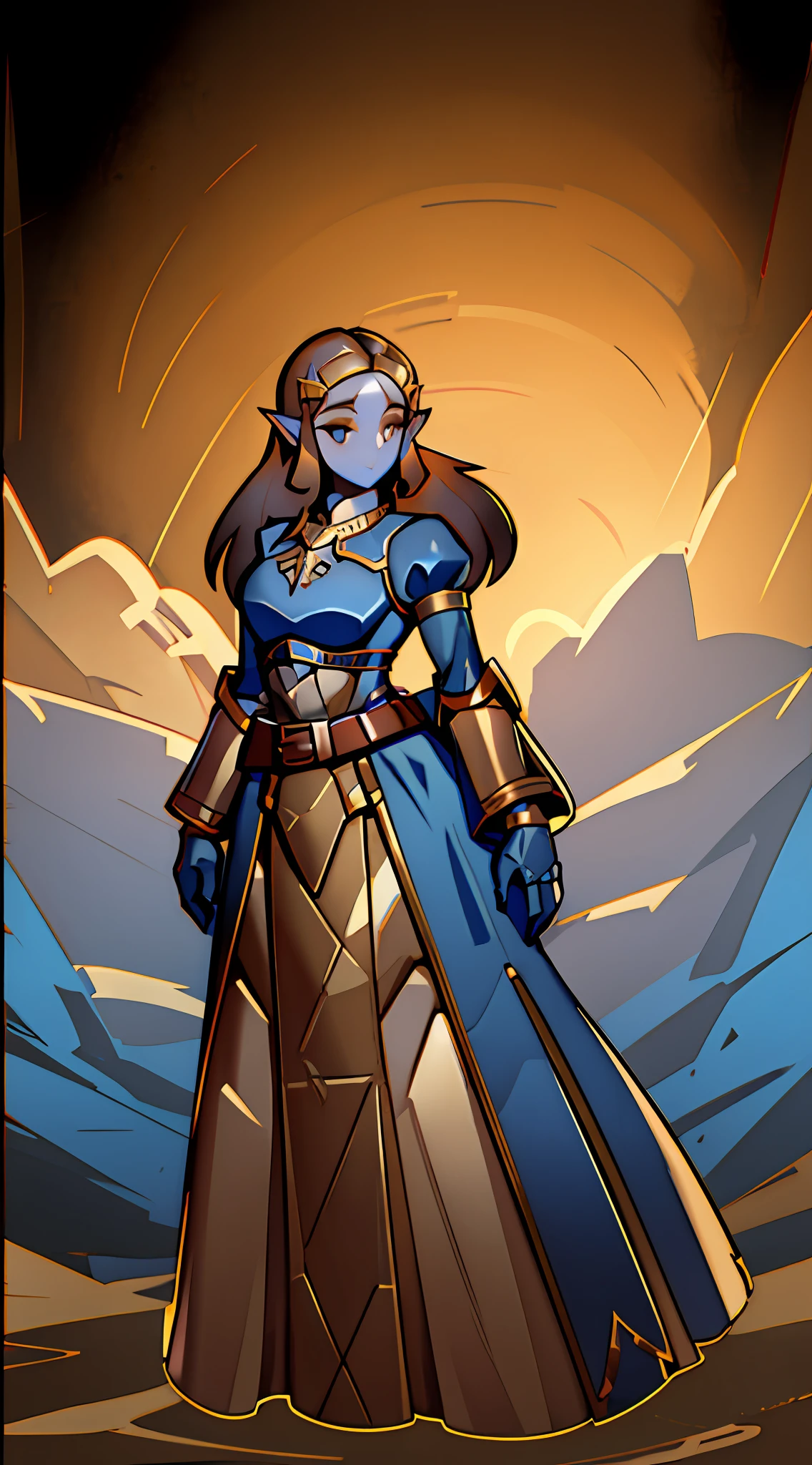 Botw Zelda wearing Heavy knight armor, Botw Themed Knight armor, Royal blue and gold armor, thick armor plating, Gold accents with brown straps, brown belt with gold accents, Heavy Blue armor, Armored dress, Large knight armor, form-fitting knight armor, helmetless, helmet held in arm, wearing princess tiara, Botw Zelda looking at camera