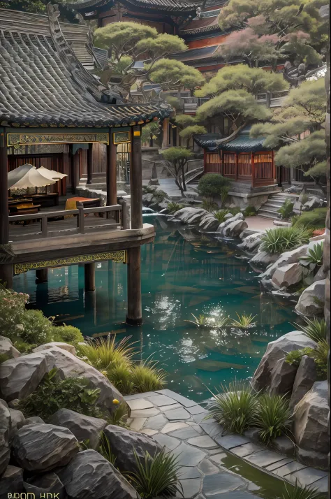 lakeside, ((waterfallr)), chinese mansion, small rivers, western-style garden, decorated with flowers,detail-rich, a fusion of c...