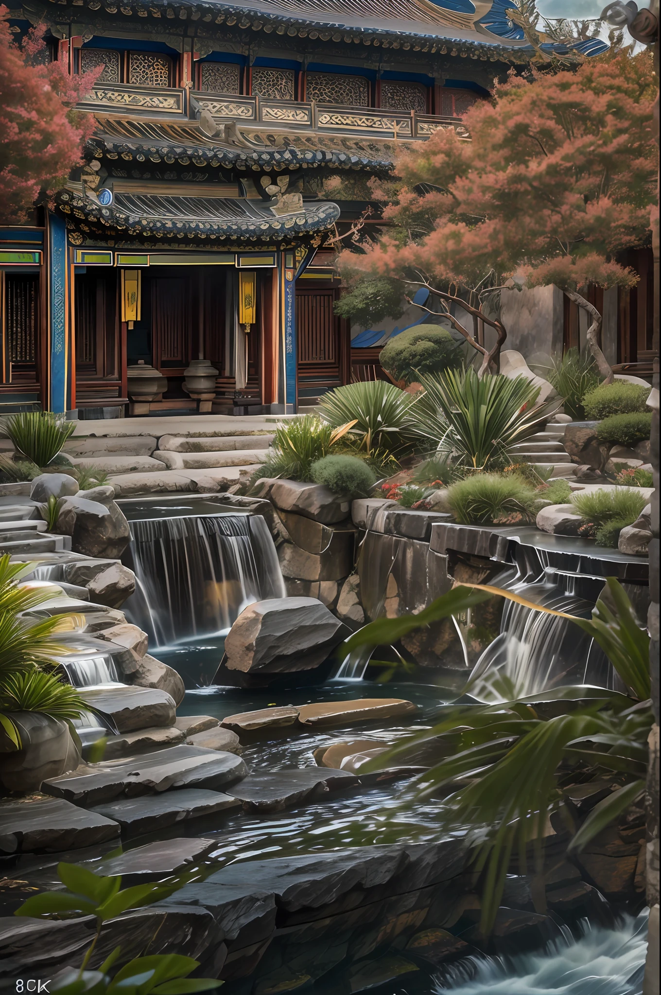 junto al lago, ((cascada)), mansión china, Pequeños ríos, Jardín de estilo occidental, decorado con flores,rico en detalles, Una fusión de lo clásico y lo moderno., sonoko, elementos tradicionales, diseño moderno, Frente al mar, Artículos de lujo, espléndido, pabellones, patio, Techo chino tradicional, Decoración de interiores moderna, paisaje de jardin, Fotos originales, toma de lente ancha, Alta resolución, hdr, Exquisito, k hd, 8K, obra maestras, arte, magnifica, meticulous craftsmanship, Facilidades modernas, integración perfecta, atmósfera armoniosa, Eterno,pintoresco, (8K, foto cruda, mejor calidad, obra maestra :1.2), (Realista, fotografía realista :1.3)