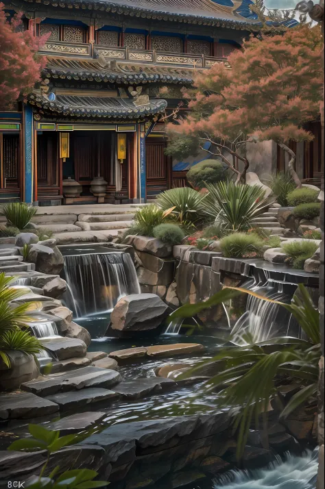 lakeside, ((waterfallr)), chinese mansion, Small rivers, Western-style garden, Decorated with flowers,detail-rich, A fusion of c...