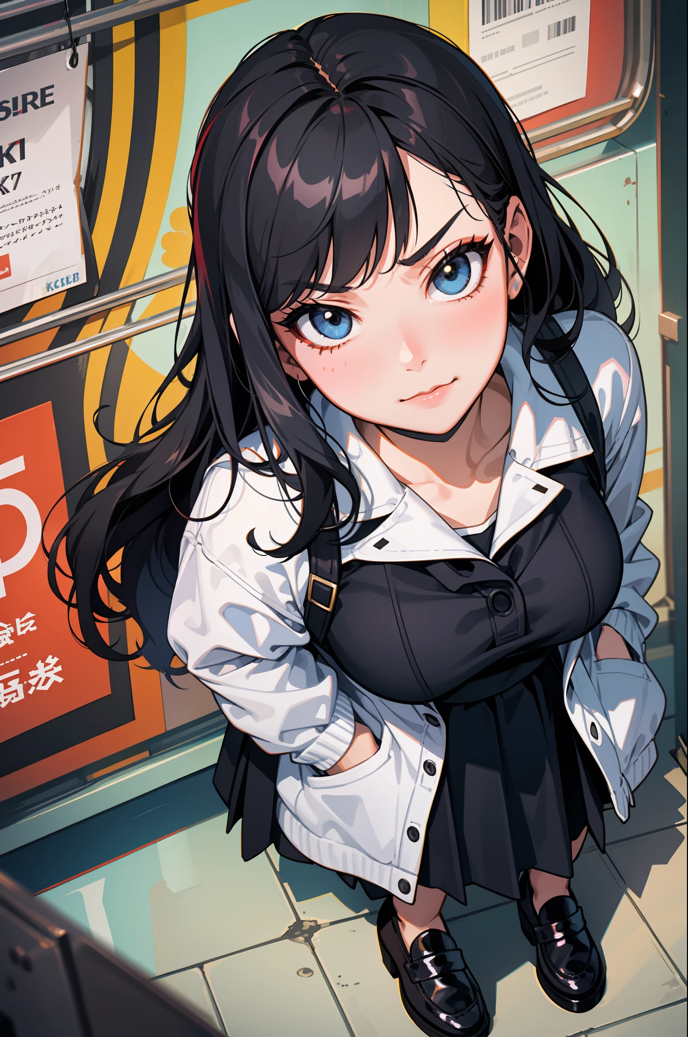 clearface,master-piece,hyper quality, hyper detailed,perfect drawing,CG,3D,8k,illustration,beautiful face girl,hiten_1,Wearing a black sailor suit with long black hair, ankle-length pleated skirt (maxi skirt:1.3), standing with her hands in her pockets, glaring down at me with a sharp, condescending look from above, a beautiful girl with a terrific face, long eyelashes, a flimsy student bag hanging in her hand, downtown, a lonely shopping street, a game center, wearing loafers with crushed heels. Dark eyeliner,outrage