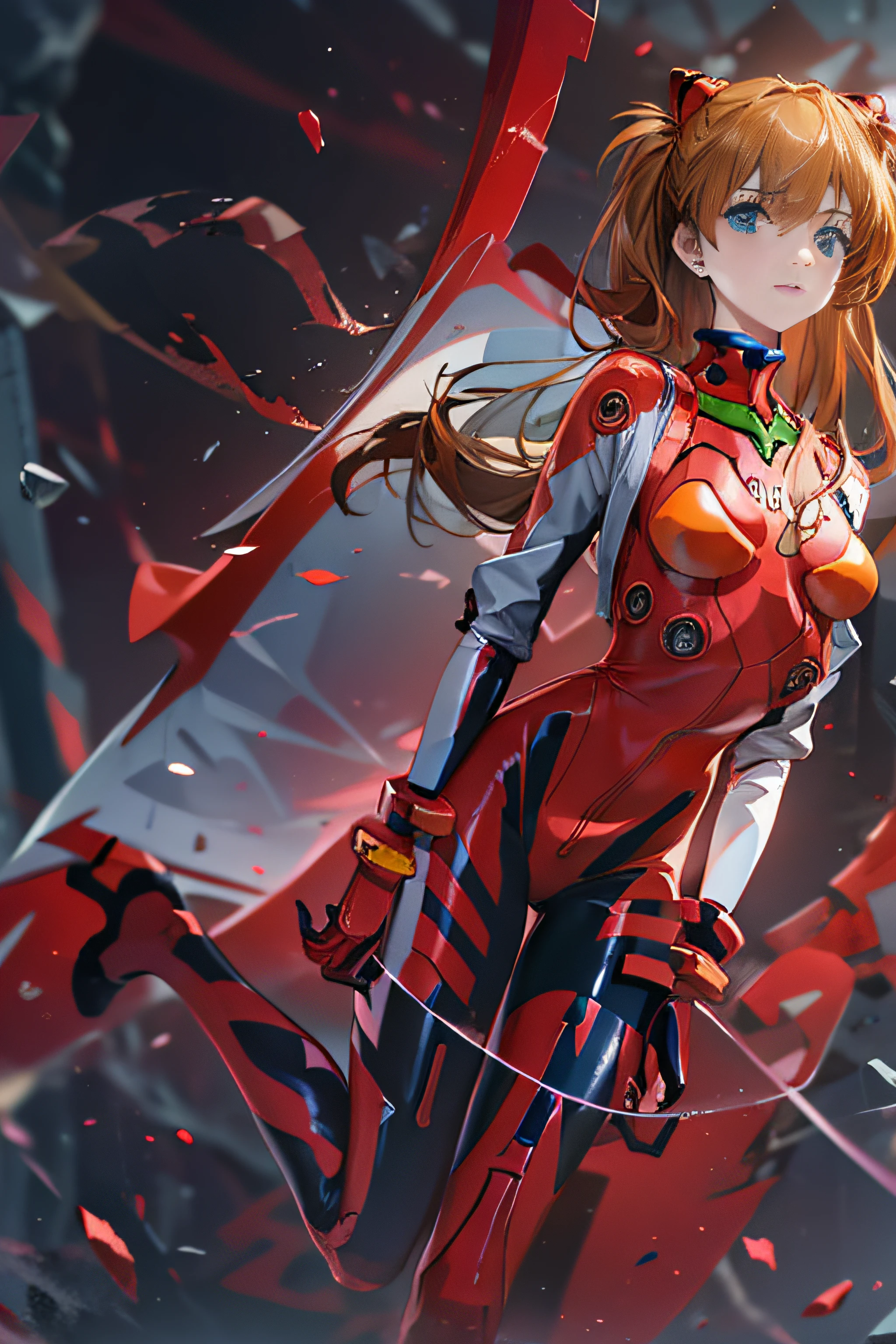 top-quality, ​masterpiece, 超A high resolution, 8K, official, Magazine covers, (Soouryuu Asuka Langley), EVA 02, beautiful countenance, A detailed eye, Detailed blue eyes, Detailed hair, detailed skin textures, Small bust, slender body shape, Urban background, ceramic body, Red tights, Red latex, bodysuit under clothes, Red high heels, Translucent body, reflector, (hyper realisitic:1.4), Angle from which you can see the whole body,