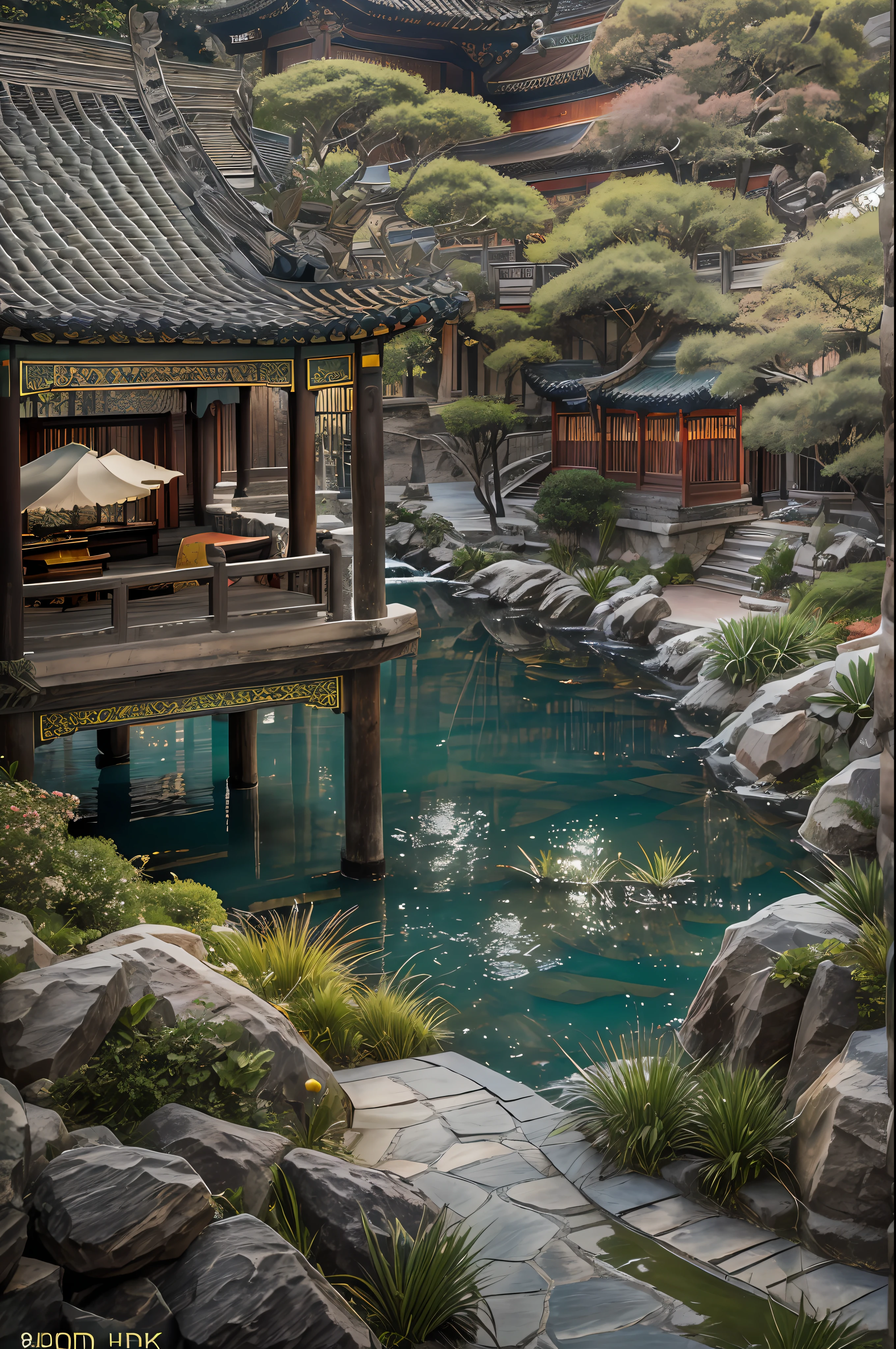 junto al lago, ((cascada)), mansión china, Pequeños ríos, Jardín de estilo occidental, decorado con flores,rico en detalles, Una fusión de lo clásico y lo moderno., sonoko, elementos tradicionales, diseño moderno, Frente al mar, Artículos de lujo, espléndido, pabellones, patio, Techo chino tradicional, Decoración de interiores moderna, paisaje de jardin, fotos originales, toma de lente ancha, alta resolución, HDR, Exquisito, k hd, 8k, Obra maestras, arte, magnifica, meticulous craftsmanship, Facilidades modernas, Integración perfecta, atmósfera armoniosa, Eterno,pintoresco, (8k, foto en bruto, mejor calidad, Obra maestra :1.2), (Realista, fotografía realista :1.3)