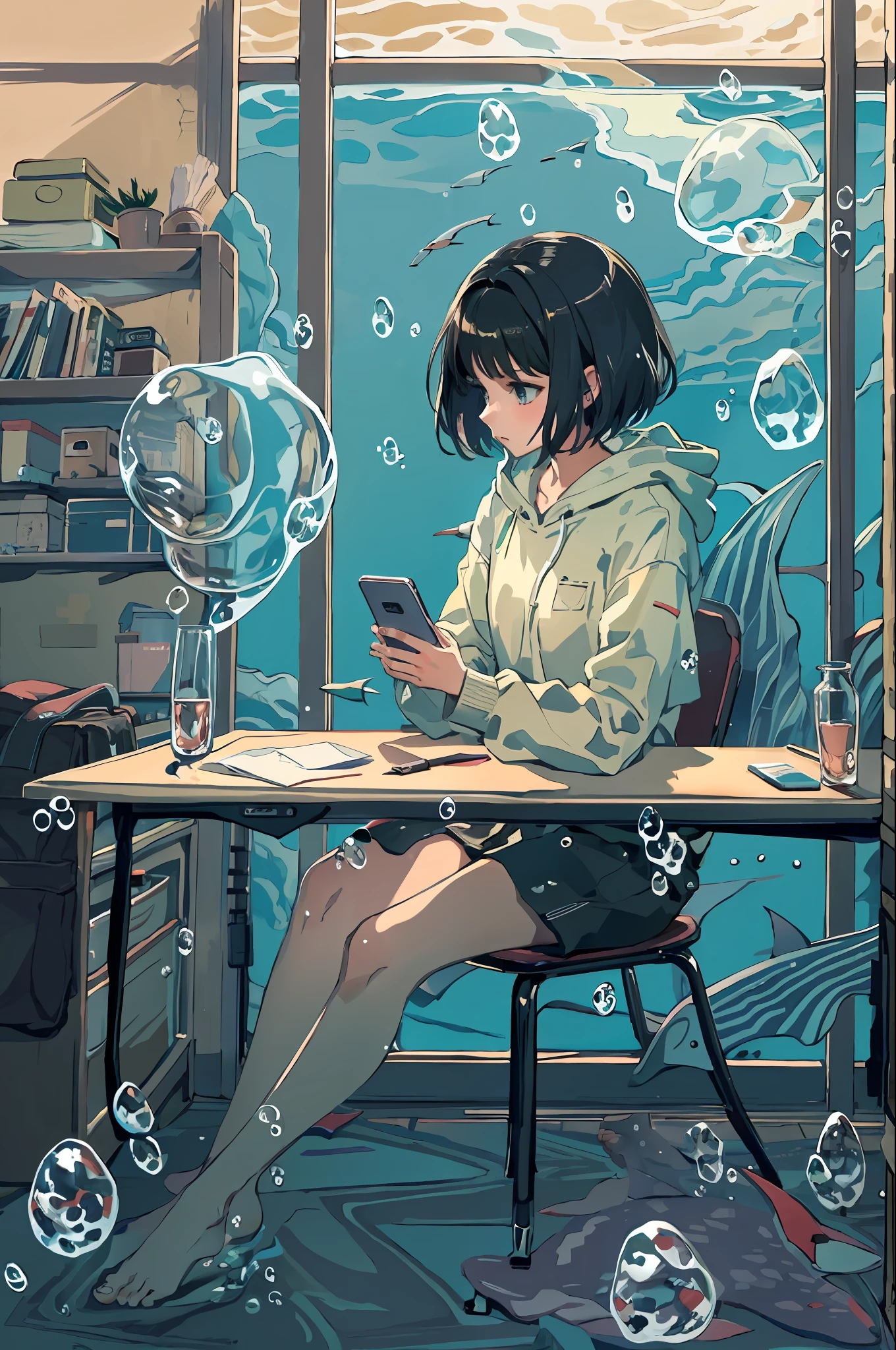 linear art, 
1girl in, Solo, Short hair, Black hair, Long sleeves, Sitting, Barefoot, Indoors, hoods, Bare legs, phone, The table, knees up, desk work, Fish, Bubble, under the water, Air bubble,