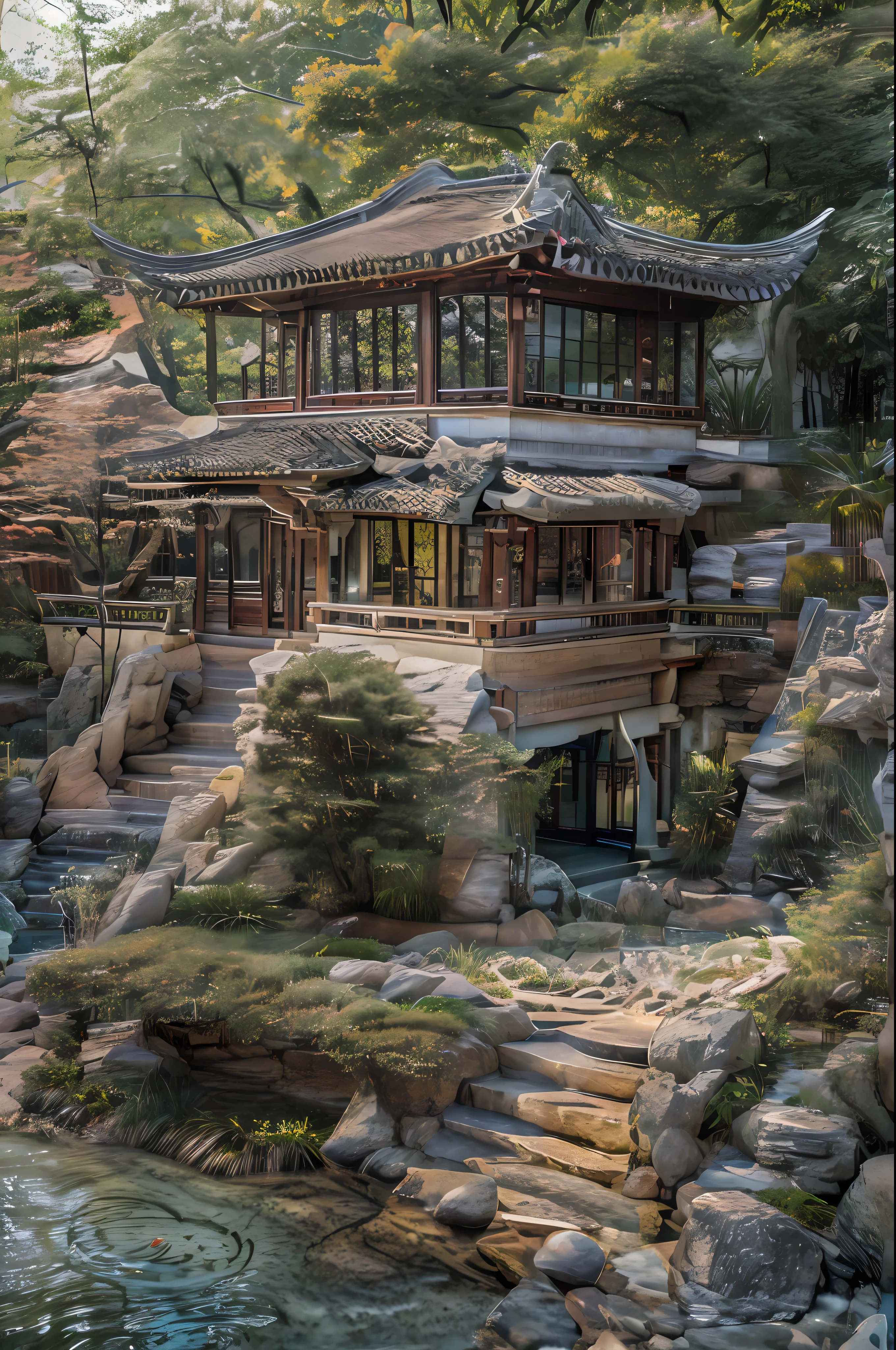 레이크사이드, ((폭포수)), 차이니즈 맨션 (Chinese Mansion), 작은 강, 서양식 정원, 꽃으로 장식,디테일이 풍부한, 클래식과 모던의 융합, 소노코, 전통적인 요소, 현대적인 디자인, 해안가, 명품, 아주 멋진, 파빌리온, 안마당, 중국 전통 지붕, 현대적인 인테리어 장식, 정원 풍경, 원본 사진, 와이드 렌즈 샷, 높은 해상도, HDR, 절묘한, k hd, 8K, 걸작s, 예술적 기교, 웅장한, 세심한 장인정신, 현대적인 시설, 원활한 통합, 조화로운 분위기, 영구,그림 같은, (8K, RAW 사진, 최고의 품질, 걸작 :1.2), (현실적인, 현실적인 사진 :1.3)