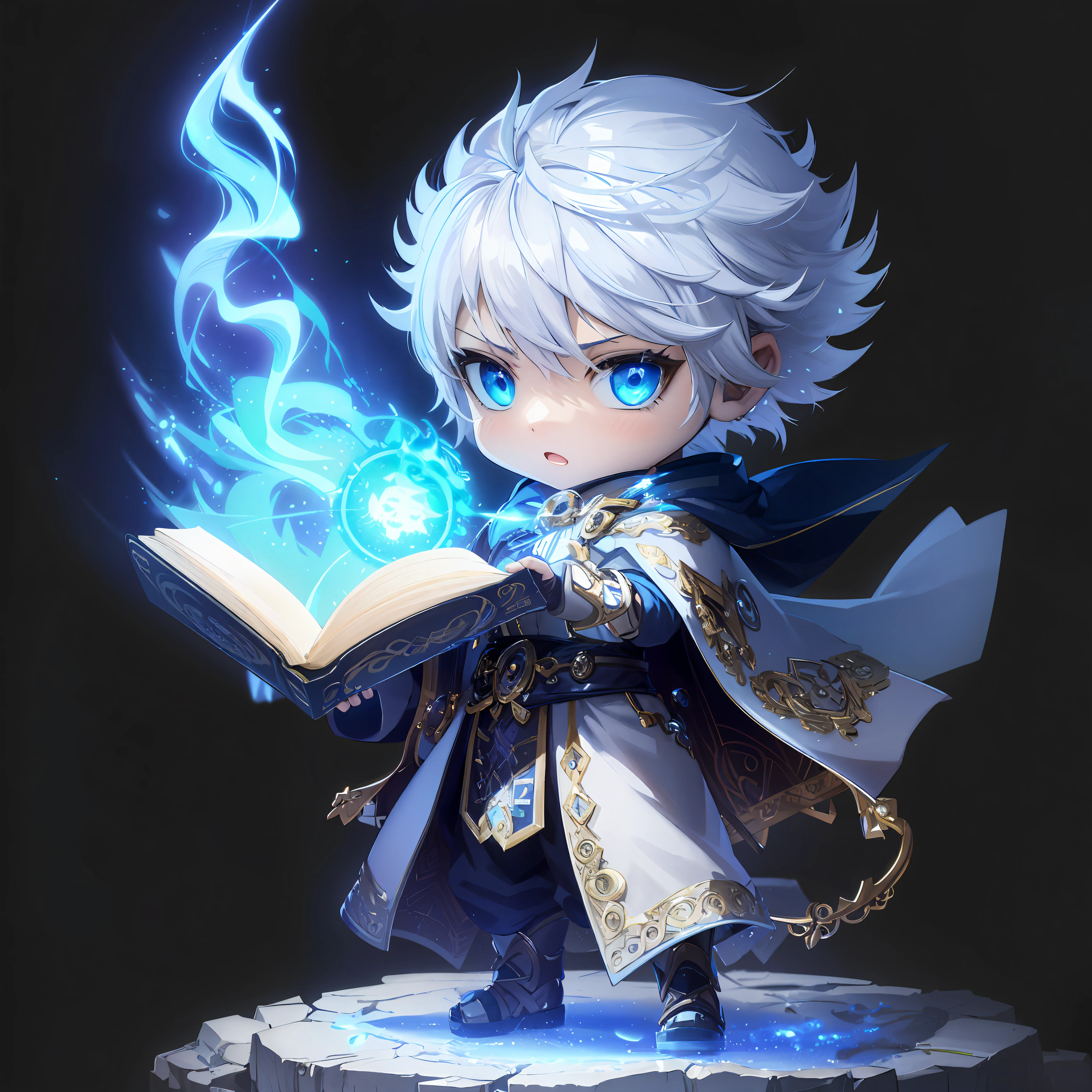 Anime – style image of a boy with a book and glowing blue light, Advanced Digital Chibi Art, hero 2 d fanart artsation, an arcane wizard casting a spell, he is casting a lighting spell, young shadow mage male, character art of maple story, young wizard, Fantasy mage, arcane art style, Cotton Cloud Mage Robe