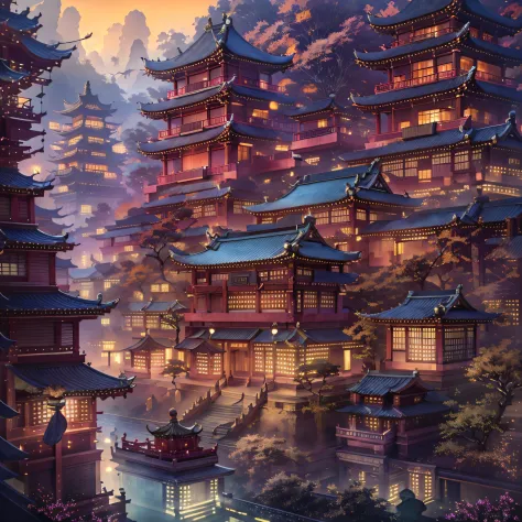 Asian architecture in the city Asian architecture in the city at night with boats passing by， dreamy Chinese towns， Chinese Ancient Architecture， Japan city， Colorful fox city， digital painting of a pagoda， Japanese cities at night， cyberpunk chinese ancie...