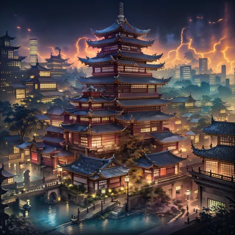 Asian architecture in the city Asian architecture in the city at night with boats passing by， dreamy Chinese towns， Chinese Anci...