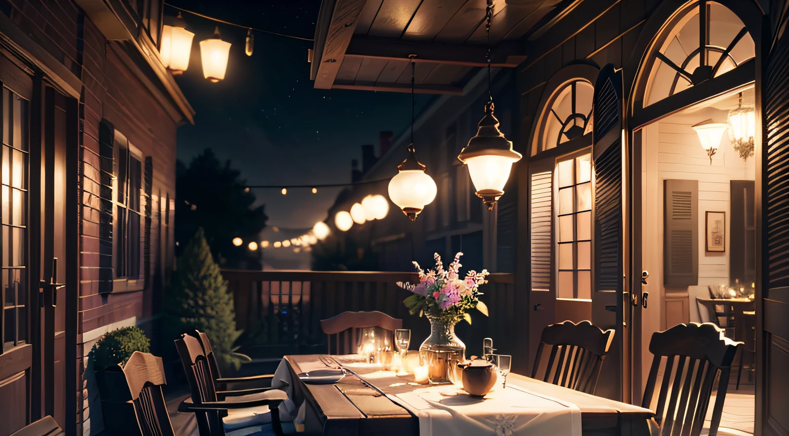 tmasterpiece，Best quality at best，Very detailed CG unity 8K wallpaper，The best illustration，The best shadow，Villas，liveroom，dining table，porch，the night，sofe（1920s）， （English Town），（Particle effect）and other 3D，Octane rendering，Ray traching，Super refined --auto
