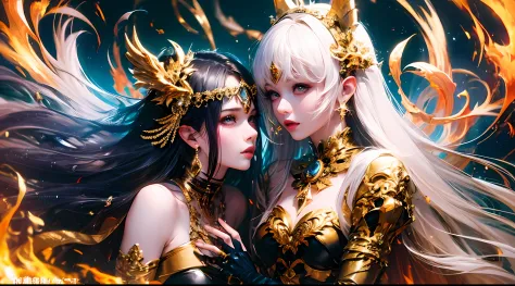 （best qualtiy））， （（tmasterpiece））， （A detailed：1.4），Enhanced dynamic perspective，Light and dark are intense，Suspended in the universe，starrysky，Gemini Galaxy，streamer，（Two beautiful women, one black and one white, snuggle up to each other），（Gemini Gold Sai...