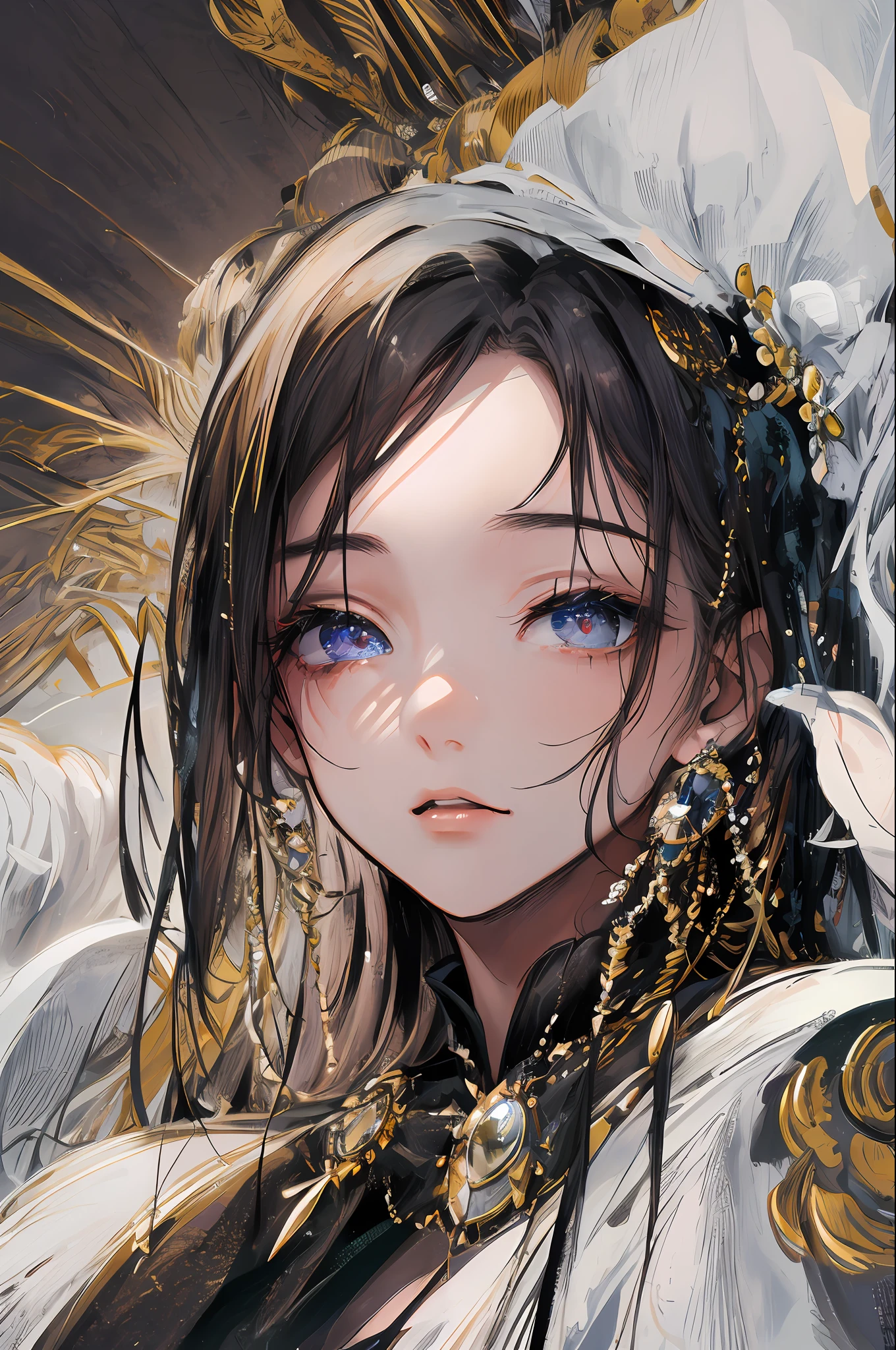 ((masterpiece, best quality, ultra-detailed, high-resolution)), solo, beautiful girl, gleaming eye, perfect eye, age 15, black white gold theme,