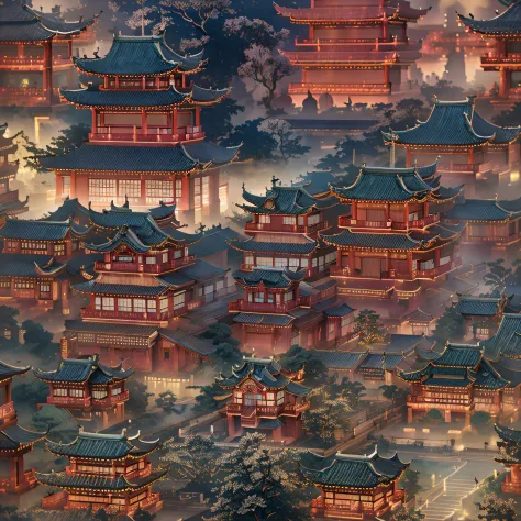 Asian architecture in the city Asian architecture in the city at night with boats passing by， dreamy Chinese towns， Chinese Ancient Architecture， Japan city， Colorful fox city， digital painting of a pagoda， Japanese cities at night， cyberpunk chinese ancie...