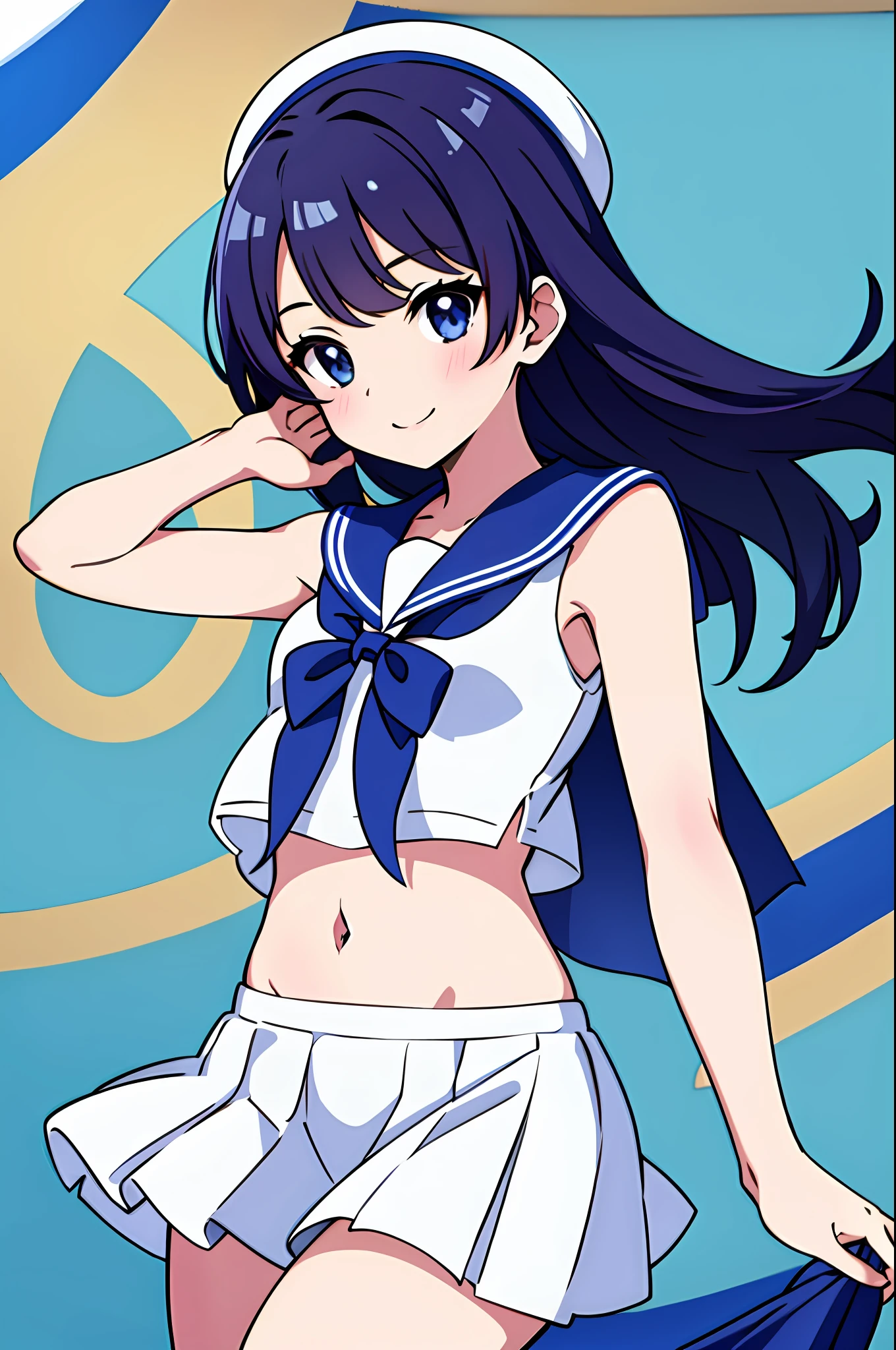 ​masterpiece, top-quality, Hi-Res,1 girl in、a sailor suit、a navel、a miniskirt、symple background、ssmile、