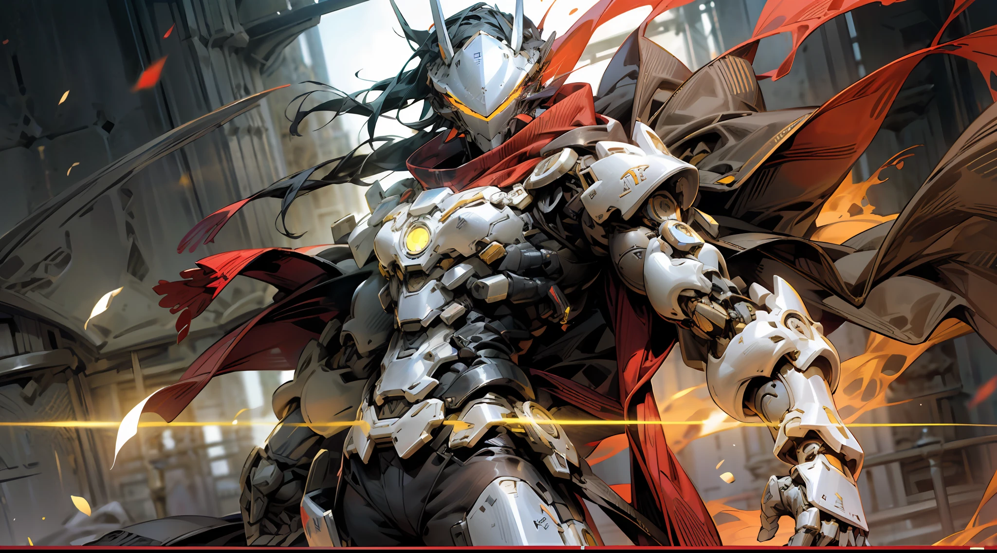 (Realism, photo realism: 1.3), (lens focal length: 35mm), backlight, a knight's mechanical armor, luxurious and exquisite shape, a blue glowing cross carved on the chest of the mech, mecha holding a red glowing wide and heavy armor sword, red scarf swaying in the wind, knight's eyes with red flame light, battle posture drawing, background fire flow, flow special effects, OWgenji, Sc3pt4