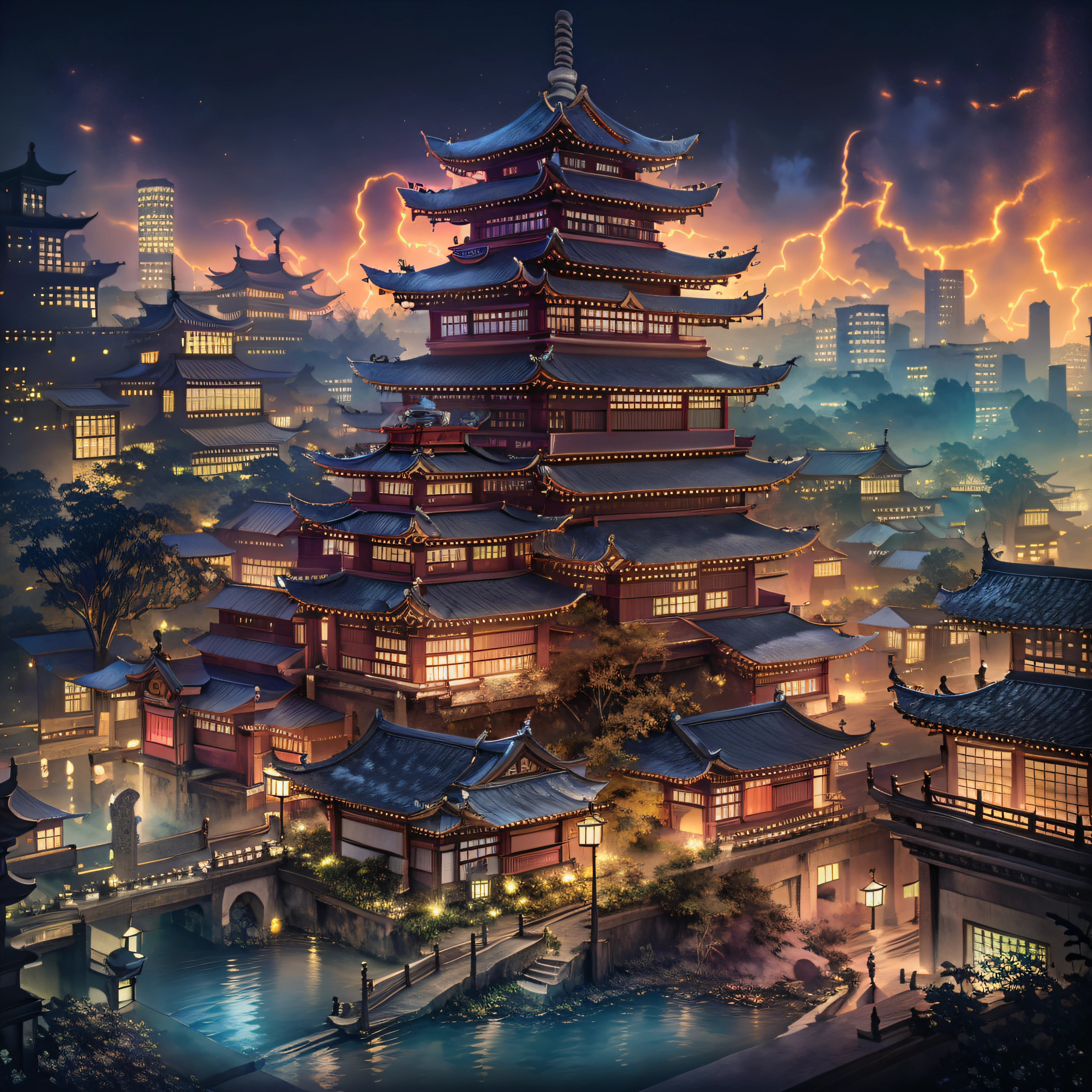 Asian architecture in the city Asian architecture in the city at night with boats passing by， dreamy Chinese towns， Chinese Ancient Architecture， Japan city， Colorful fox city， digital painting of a pagoda， Japanese cities at night， cyberpunk chinese ancient castle， Beautiful rendering of the Tang Dynasty， A Japanese town， kyoto inspired， Chinese architecture， amazing wallpapers， The pagoda on the hill passes by with the boat at night， dreamy Chinese towns， Chinese Ancient Architecture， Japan city， Colorful fox city， digital painting of a pagoda， Japanese cities at night， cyberpunk chinese ancient castle， Beautiful rendering of the Tang Dynasty， A Japanese town， kyoto inspired， Chinese architecture， amazing wallpapers， pagodas on hills