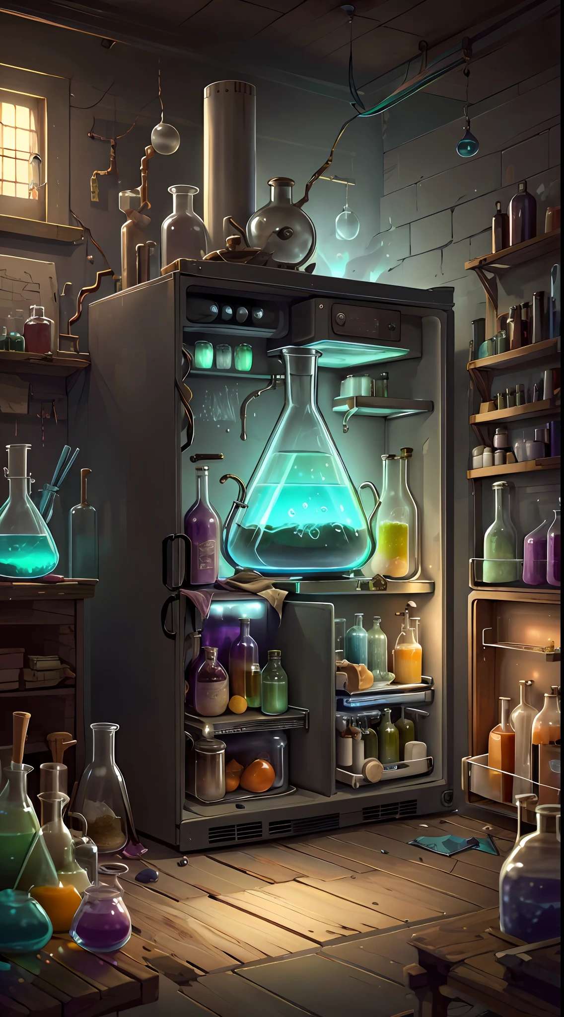 AlchemyPunkAI, refrigerator, cluttered environment