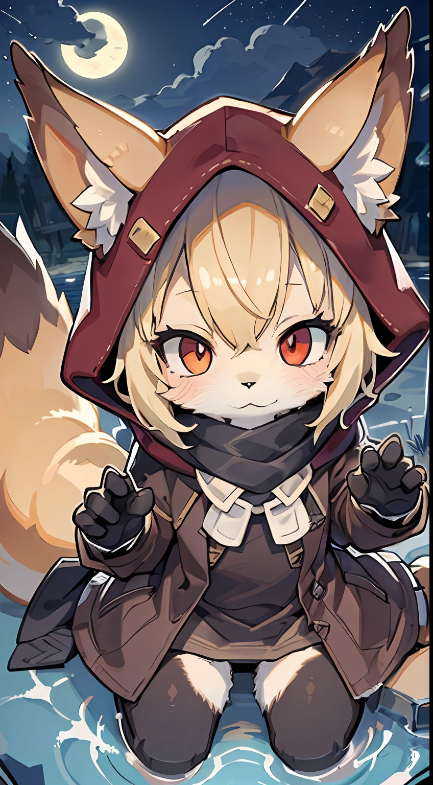 Fox Boy，Shota，hairy pubic，shaggy，Smoothes lashes，Skin fur，Golden fur，Short hair in men，Forelimb hands， solid circle eyes，Golden ears，Golden face fur , Short blonde hair，Red eyes，Super cute face，Brown elements on fur，Brown coat brown hood up，Star pattern T，Glowing eyes，Ambient light，Ultra-fine fur，volumettic light，Night,natural  lightting，fox tails，A tail，nevando，Night，A sky full of stareteors，full moon，By the lake，crossed bangs, Hairline, Shiny hair，Empty eyes，35mm，sharp talons。High quality, high detal, Best quality, hyper HD， Dark brown gloves，Star pattern scandividual，Single