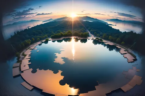 there is a woman standing on a dock in the middle of a lake, (((top-down view:1.5))), ((distant view)),infinity pool mirrors, infinity pool, infinity concentric pool, epic and stunning, paradise in the background, heaven in the top, sitting on a reflective...