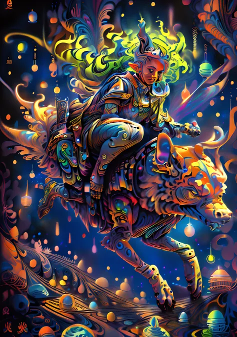 (High resolution, incredibly detailed, masterpiece), portrait of 1elf riding a flying dog on the sky, featuring fractal geometry in (vibrant colors:0.9), set against a (galactic background:1.3), bringing together complex, mesmerizing shapes and patterns,dm...