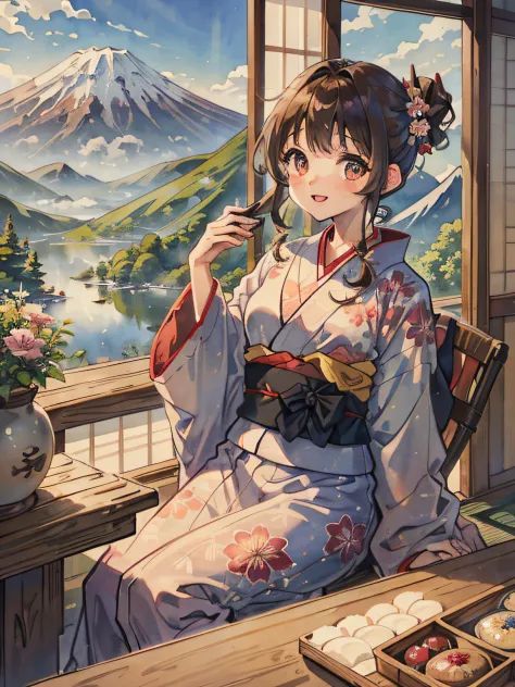 4K、top-quality、watercolor paiting、Near Lake Ashi、Mountain view. Mt fuji、Brown hair、japanese kimono、One girl in a floral yukata、Curly brown hair up to the shoulders、Twin-tailed、A slight smil、Innocent、Playing happily、