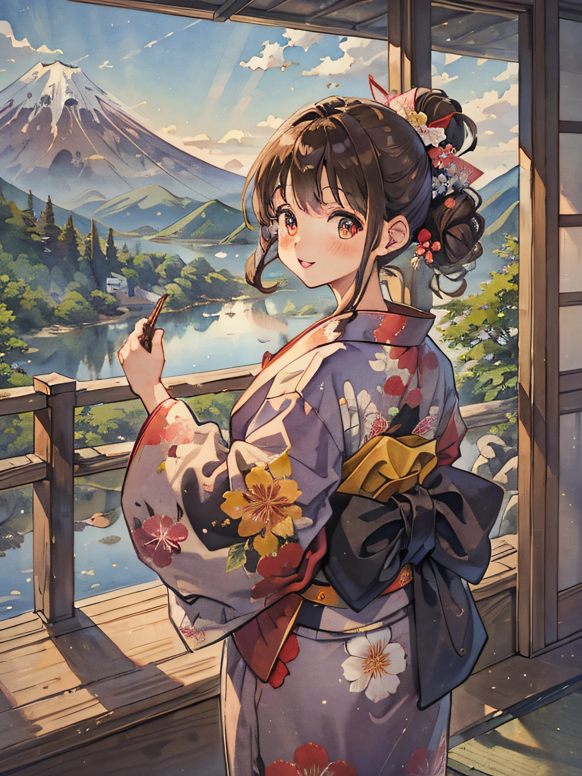 4K、top-quality、watercolor paiting、Near Lake Ashi、Mountain view. Mt  fuji、Brown hair、japanese kimono、One girl in a floral yukata、Curly brown  hair up to the shoulders、Twin-tailed、A slight smil、Innocent、Playing  happily、 - SeaArt AI