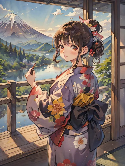 4K、top-quality、watercolor paiting、Near Lake Ashi、Mountain view. Mt fuji、Brown hair、japanese kimono、One girl in a floral yukata、Curly brown hair up to the shoulders、Twin-tailed、A slight smil、Innocent、Playing happily、
