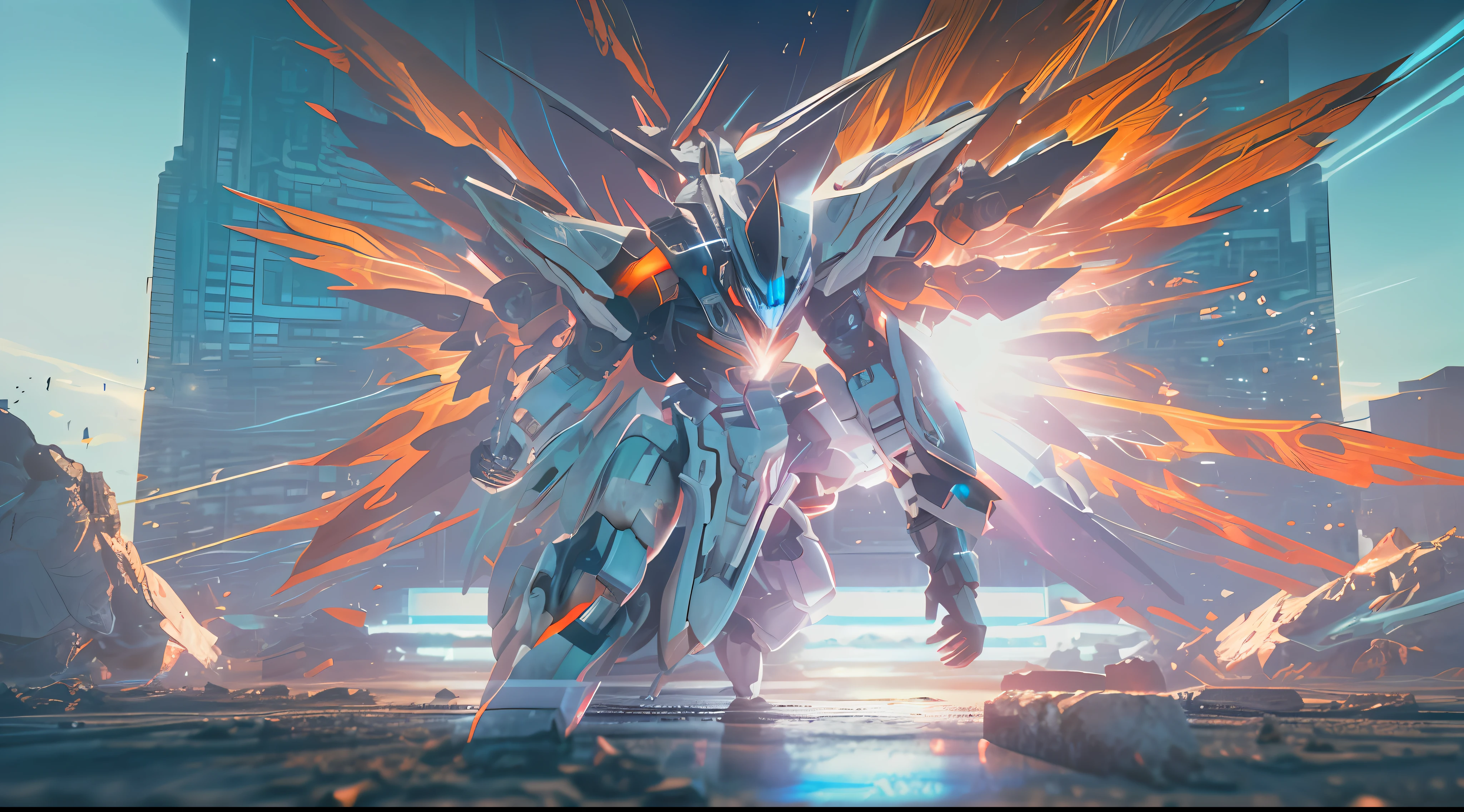 1 gundam robot crouching, glowing eyes, glowing armor,white mecha, wings,  zhongfenghua, cannons, ((cinematic lighting, high key, high contrast, )) (reflective , hard surface, omit details, ) , cyberpunk neon light, masterpiece, high quality, dynamic angle, dynamic pose , weapon, (photorealistic:1.5) depth of field, sunny blue sky, sunlight, lens glare, bright,pov from top