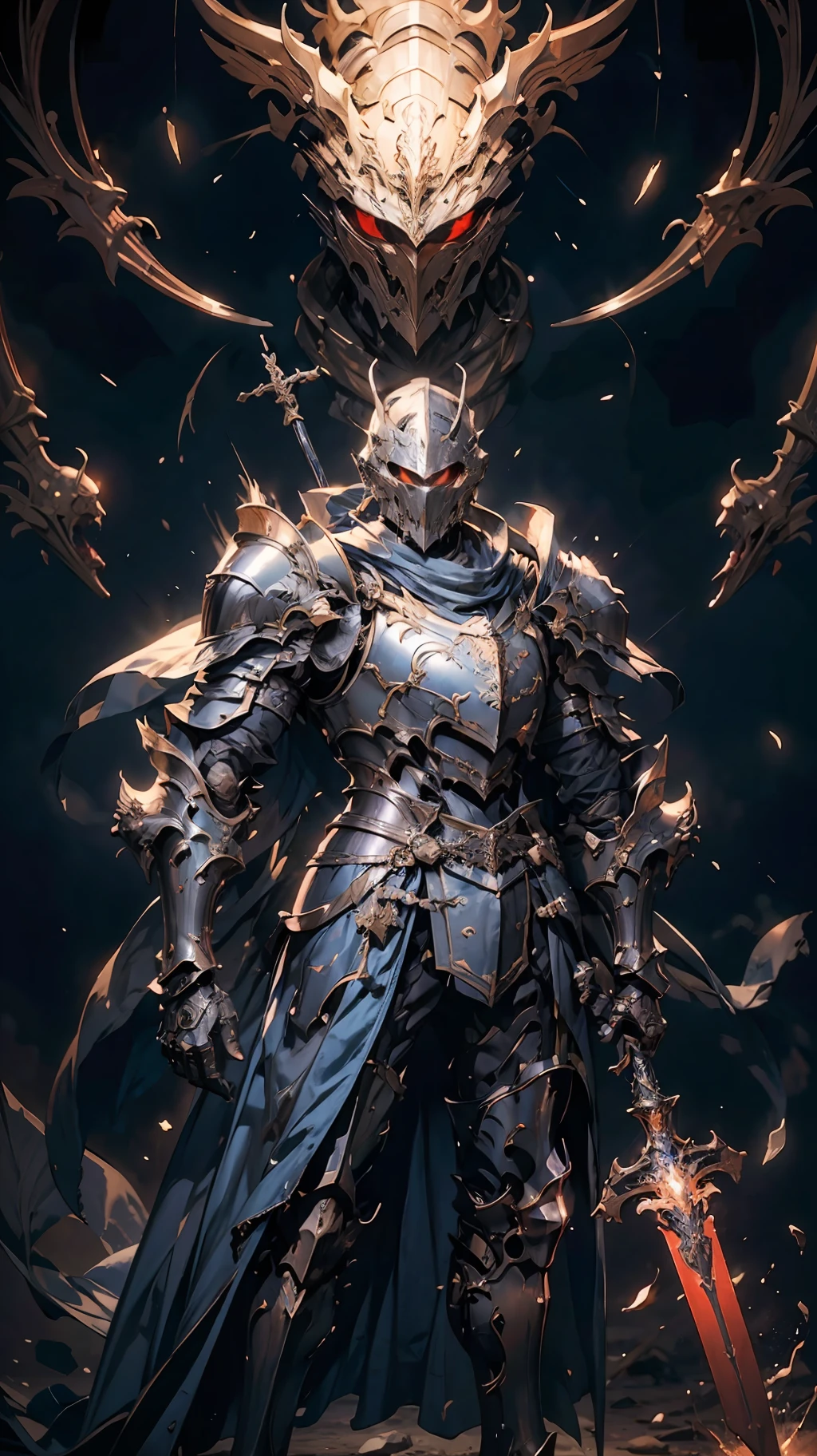 (Realism, photo realism: 1.3), (lens focal length: 35mm), backlight, a knight's mechanical armor, luxurious and exquisite shape, a blue glowing cross carved on the chest of the mecha, the mecha holds a red glowing wide and heavy armor sword, the red scarf sways in the wind, the knight's eyes are red flame light, and the battle posture is drawn