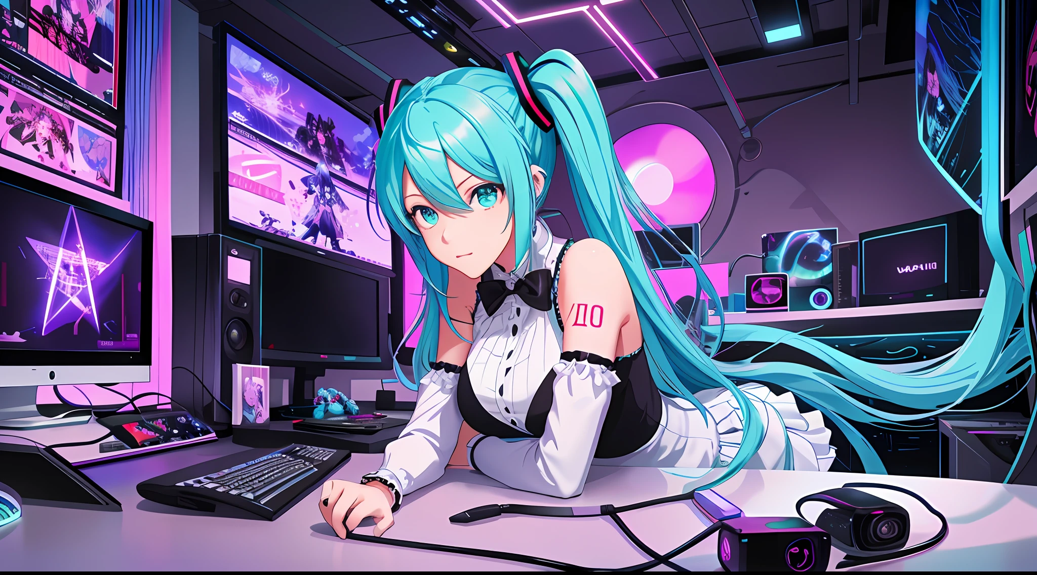 （Meisterstück），（Die beste Illustration），（Große Brüste Hatsune Miku），Anime-Hintergründe，Spielschlafzimmer，Fernseher mit Großrechner，Ringbeleuchtung，Randbeleuchtung，（sehr detailliertes CG Unity 8k-Hintergrundbild），（Meisterstück），（beste Qualität），（Vaporwave-Stil），（ultra-detailliert），（Die beste Illustration），（bester Schatten），Perfekte Beleuchtung，perfekte Anatomie，die Nacht，kalte Farben